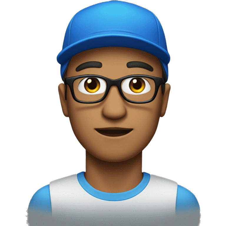 A man wearing a blue cap with 'P' on it and black glasses emoji