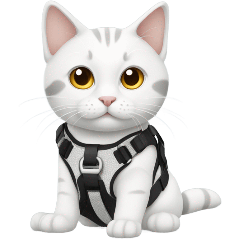 White and grey cat wearing a harness  emoji