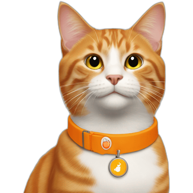 ginger cat with orange colored neckband with an airtag attached to the neckband emoji