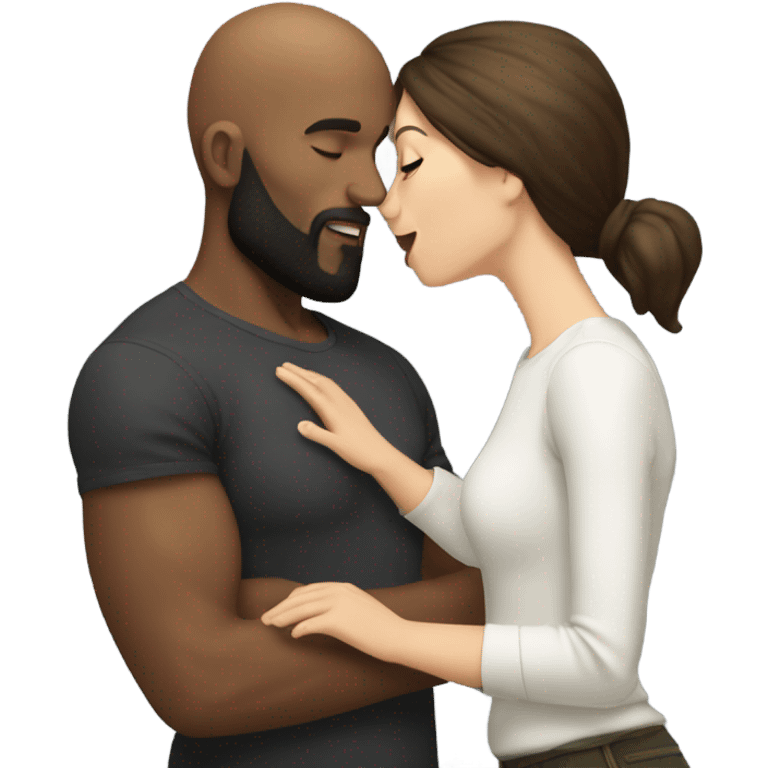 White brunette kissing muscular black bald man with beard emoji