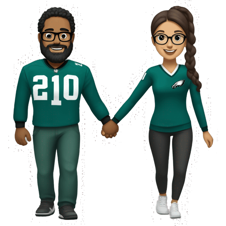 Brown guy with beard mustache and brown girl with glasses and her hair in a bun in Philadelphia eagles clothes holding hands emoji