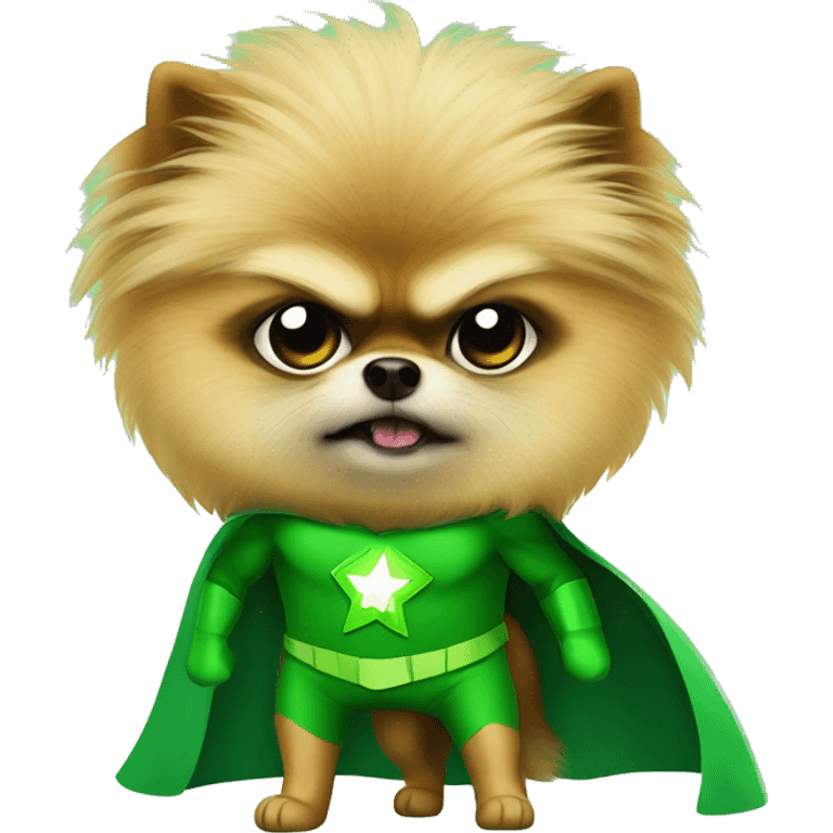 angry pomeranian in green superhero suit emoji