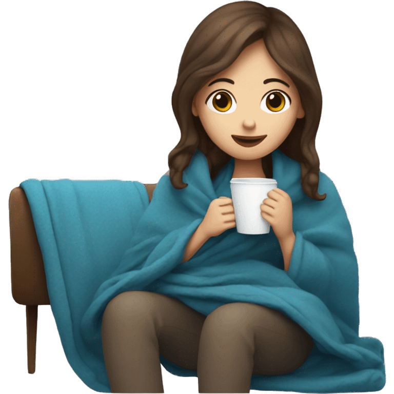 Brown hair Girl drinking coffee, with a blue cozy blanket emoji