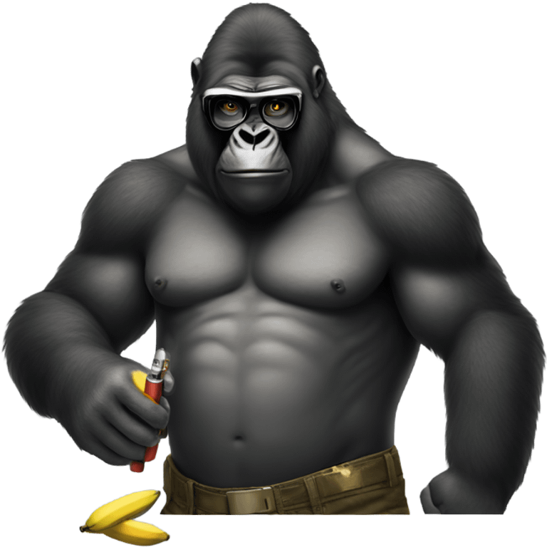 Big gorilla with cigarette, with eyes glasses, banana and gun emoji