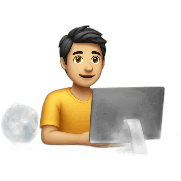 Un chico joven sentado esperando en un escritorio junto a una PC  emoji