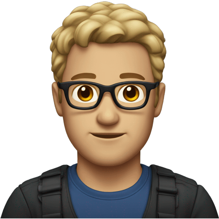 man with dark blonde hair, stubble, with dark brown eyes, black glasses, and dark blue shirt emoji