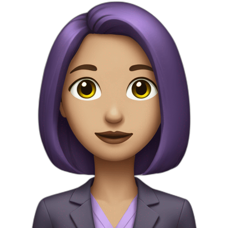 girl with brown-haired bob, green eyes, purple skin, suit emoji