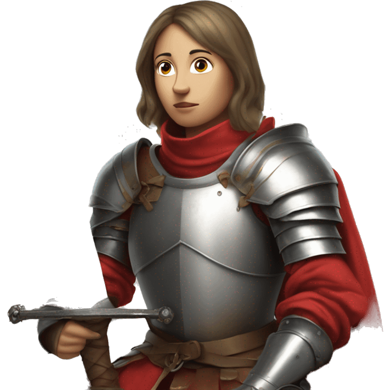 Joan of arc in medieval armor kneels, looking upward, with hands resting on a sword. They're dressed in a red garment under the armor. emoji