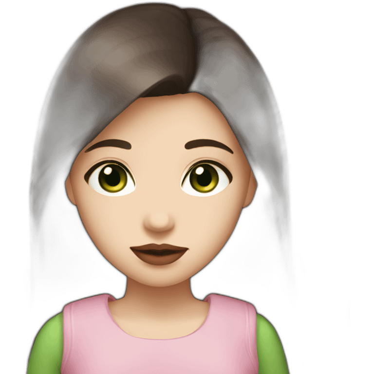 girl with white face and long dark brown hair, green eyes, big rosy lips emoji