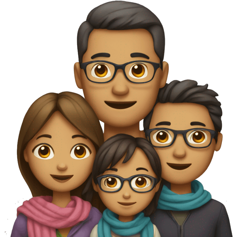 Draw a family of 4 consisting of a father with glasses, a mother with a scarf, a 3-year-old girl and a baby boy. emoji