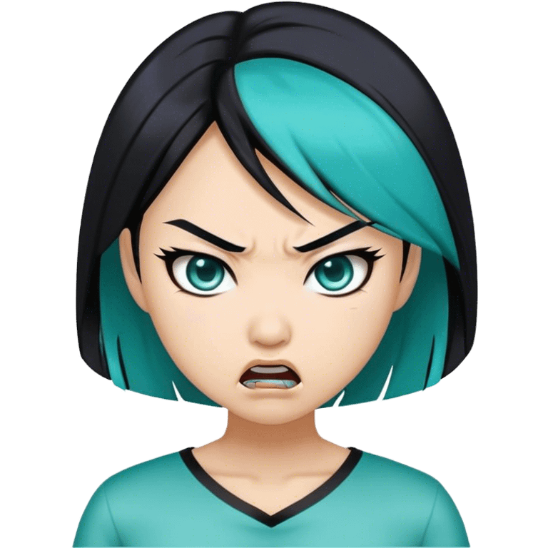 Black hair Asian women with teal highlights and angry face  emoji