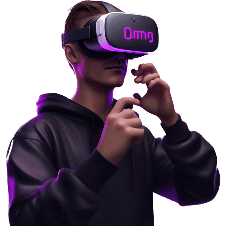 Russian man wearing a black hoodie with "OMG" letters on it and VR headset oculus quest 2 in a cyberpunk VR environment with violet neon lighting. Showing direction with hand emoji