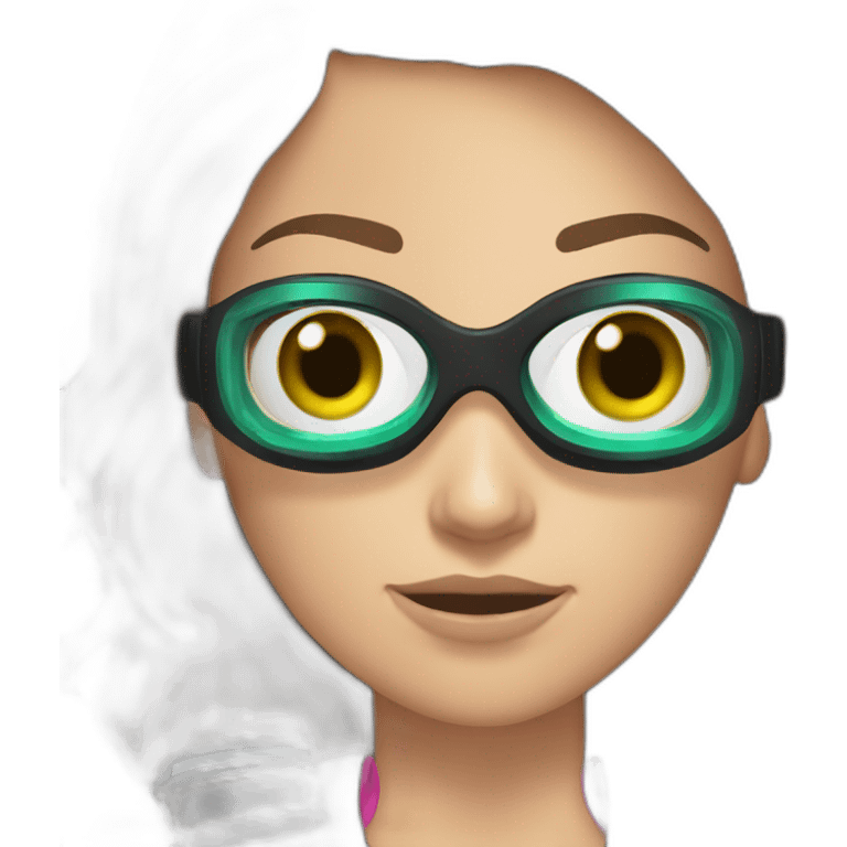 woman with underwater scubadiver gear with green and blue eyes, large and straight brown hair, pink diving underwater black suit gear emoji