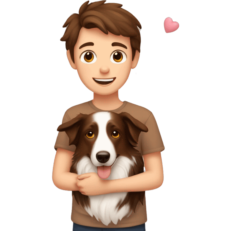 boy with brown hair holding a tan border collie with love hearts around them  emoji