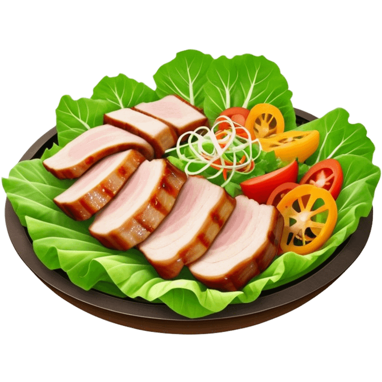 Samgyeopsal Cinematic Realistic Samgyeopsal Dish Emoji, depicted as slices of grilled pork belly served in crisp lettuce leaves with assorted fresh vegetables, rendered with dynamic textures and appetizing, natural lighting. emoji