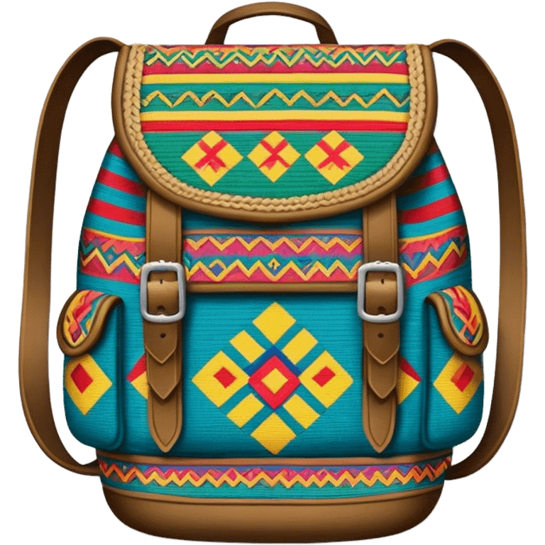 Cinematic Realistic image of a traditional Colombian mochila, rendered with detailed woven textures and vibrant patterns, set against a rustic backdrop with soft, cultural lighting emoji