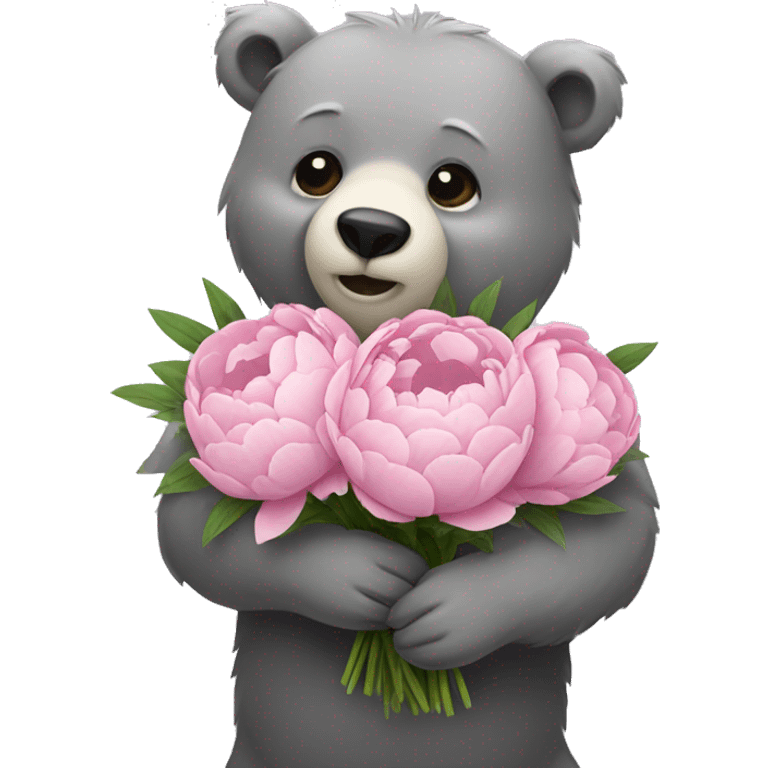 realistic-grey-bear-hugging-Bouquet-of-peonies emoji