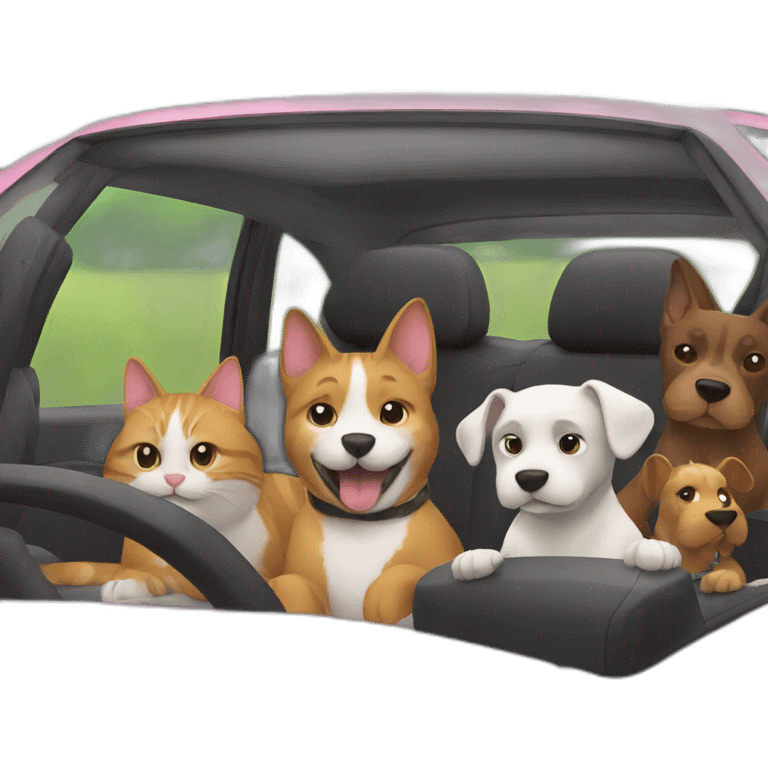 Cat driving a car with his dogs friends emoji