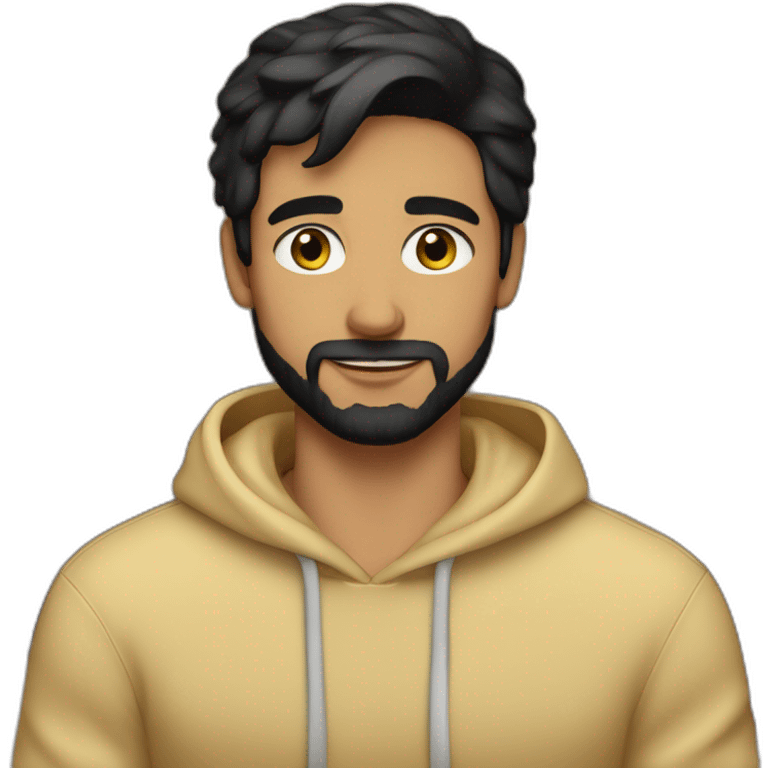 olive skin man with white black spotted cat on lap with short beard hazel eyes and black hair wearing hoodie emoji