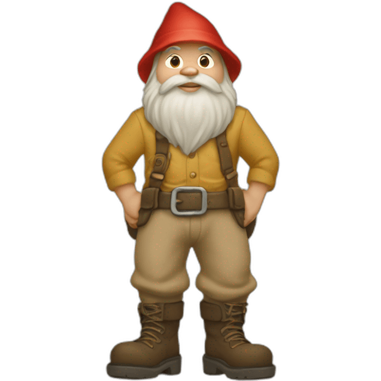 side view of gnome with light tan pants and boots squatting above small dirt emoji