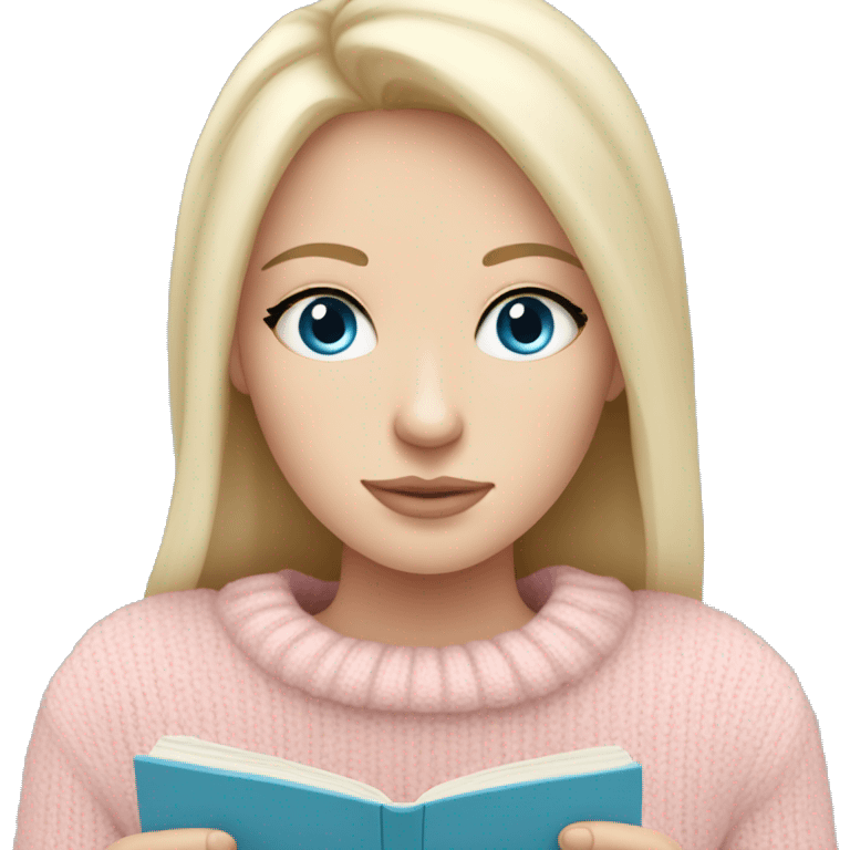 Pretty blue eyed white girl with light pink sweater reading cozy emoji