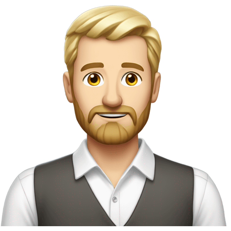 middle aged english man, short slicked back hair blonde, blonde medium length size full beard, eyesbrows not raised, in a smart white unbuttoned shirt. emoji