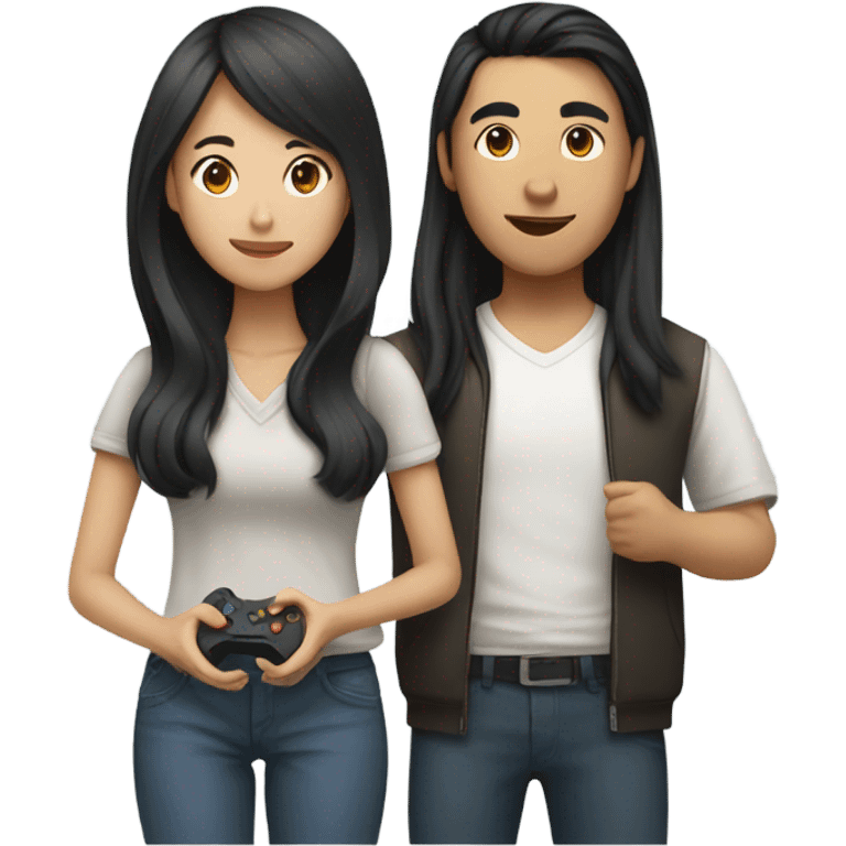 Asian female with long hair and Asian male playing video games emoji