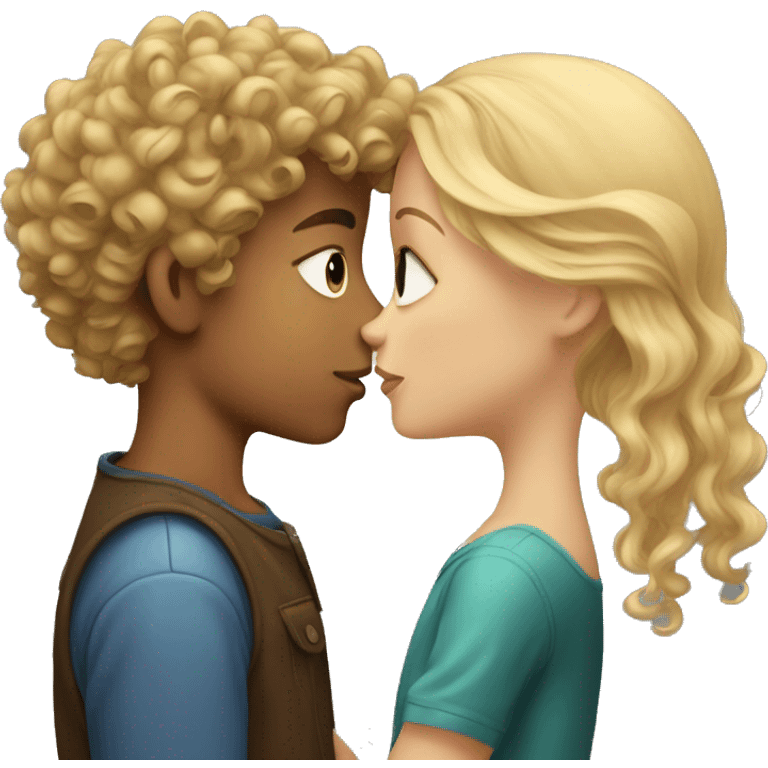 A blonde girl kisses a boy with curly brown hair emoji