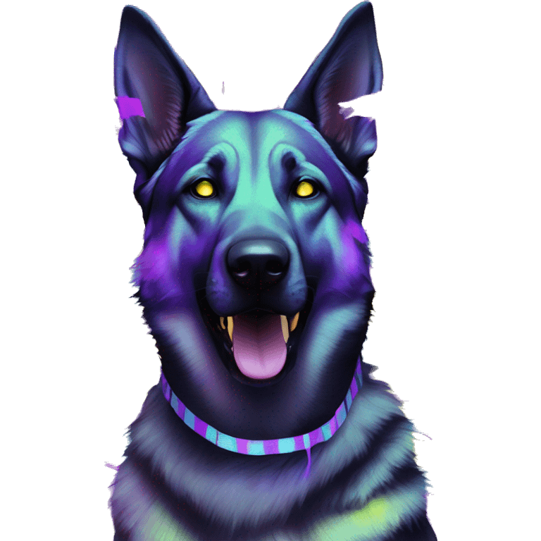 .Zombie_ Vaporwave black holographic oilslick zombie yellow Labrador German shepherd zombie dog yellow caution tape graffiti stripes iridescent blue purple mane yellow stripes emoji