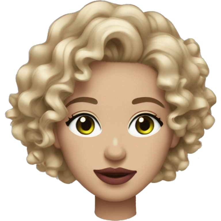 White dark blonde wavy curly ish hair with grey green eyes thin pink blush mascara and red lips and slight freckles on nose with gold hoop earrings emoji emoji