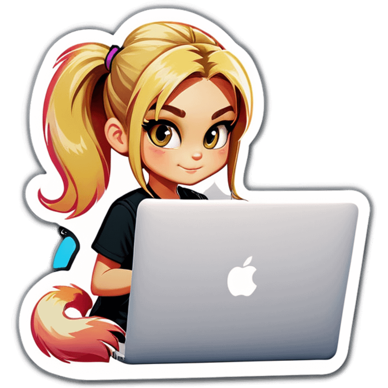 Blonde girl ponytail macBook and a cat emoji