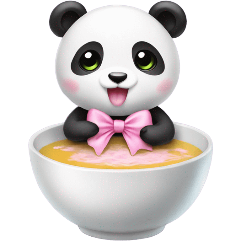 Baby panda with pink bow eating big bowl of soup emoji