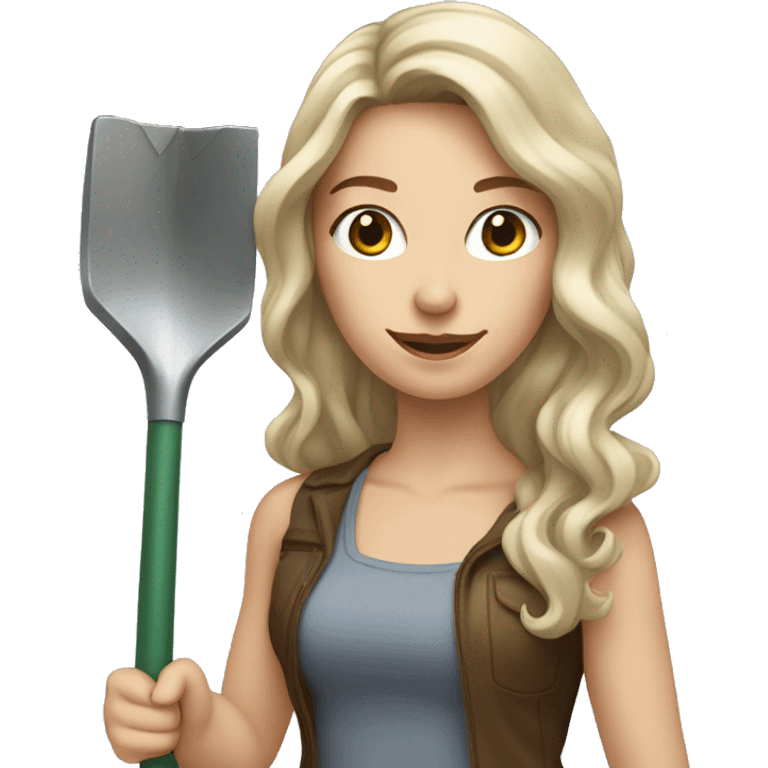 Woman holding one metal shovel with pale skin and hair brown highlights long wavy emoji