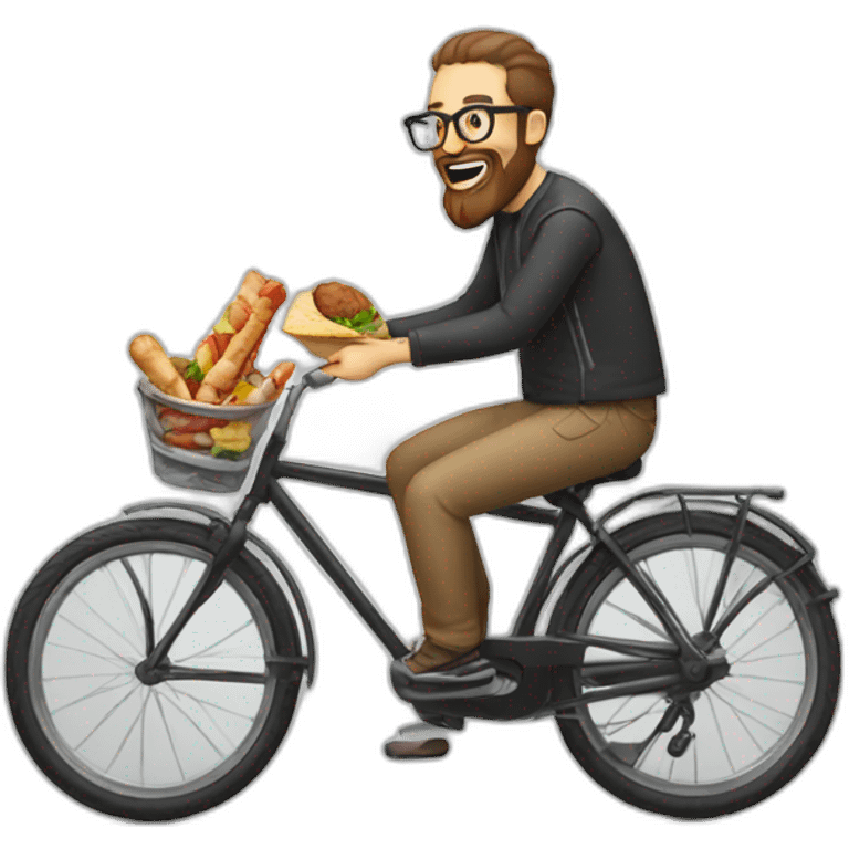 a man with a beard and glasses on a bicyble eating a kebab emoji