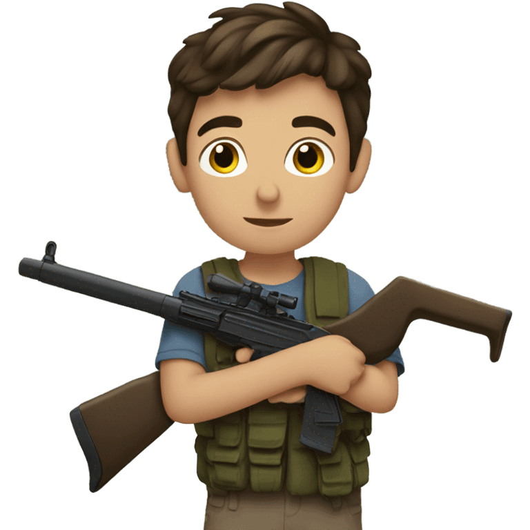 brunette boy with rifle outdoors emoji