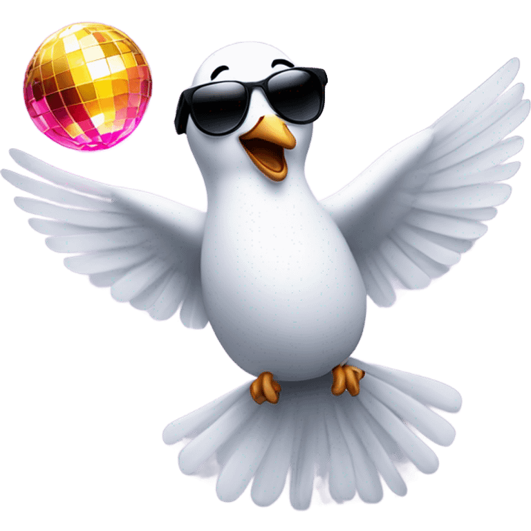 An dove in trendy sunglasses dancing under a disco ball, looking happy. emoji