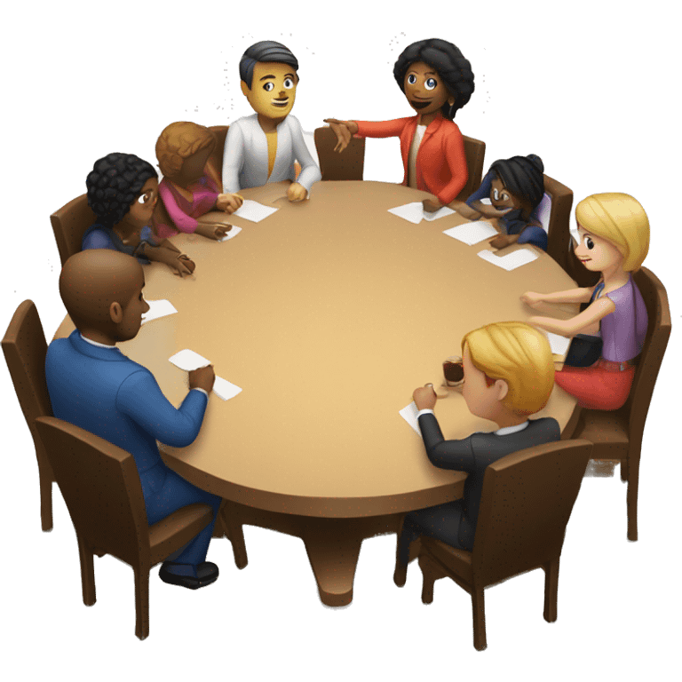 A round table with people sitting around it. They should be diverse in race and hair style emoji