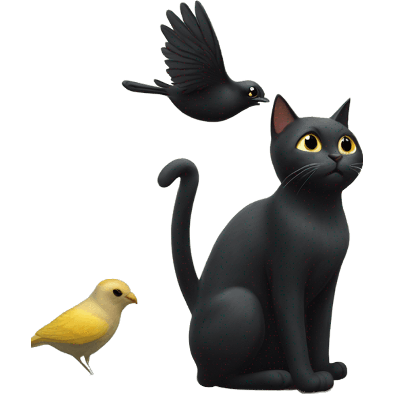 Black cat playing with a small bird emoji