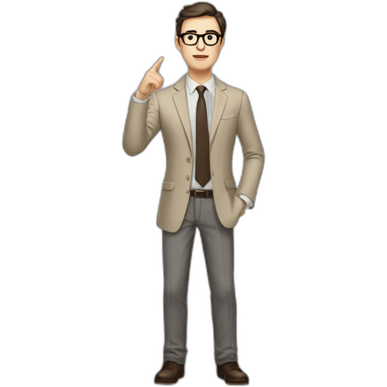 Full height Gesticulating Pale skinned fit man with dark brown hair in gray jacket, beige office shirt, brown tie, brown pants and vintage glasses. emoji