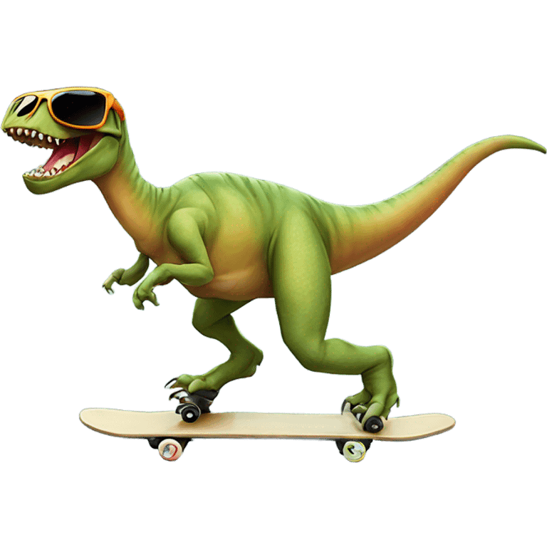 A dinosaur doing a kickflip with sunglasses on emoji