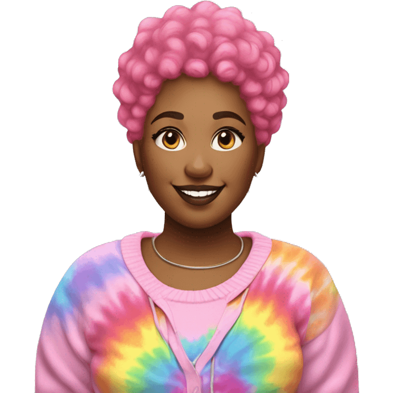 Plus size black woman with pink curly pixie cut hair and a rainbow tie dye sweater  emoji