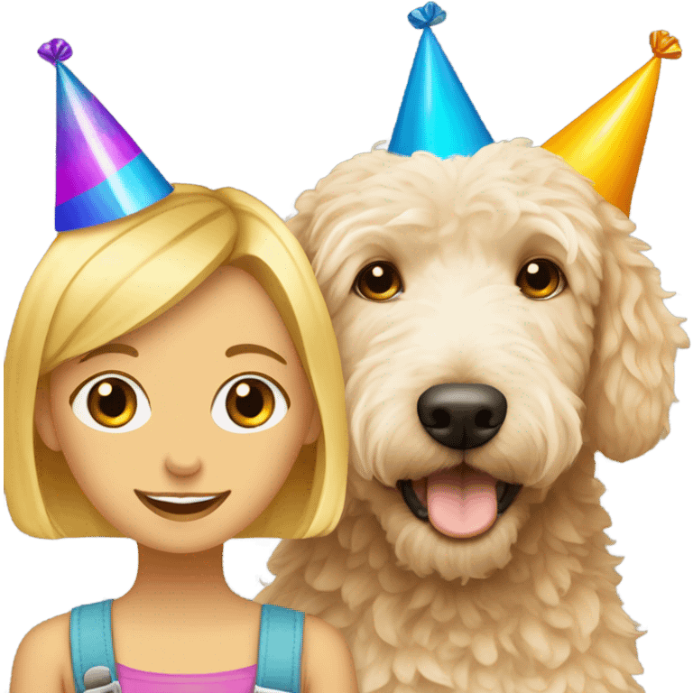 Blonde girl and a cute golden doodle wearing a happy birthday hat emoji