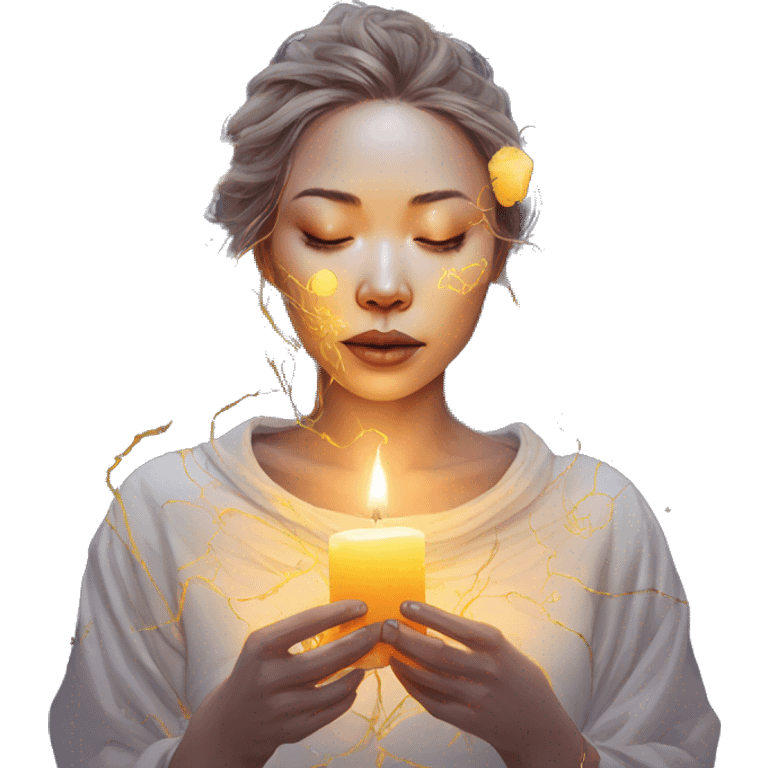 Kintsugi person melting into graffiti galaxies with candles lanterns and fairy lights emoji