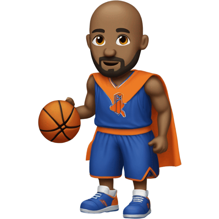 The Knicks with a bald head, beard, and goatee, a white and orange cape…spinning a basketball on its head. emoji