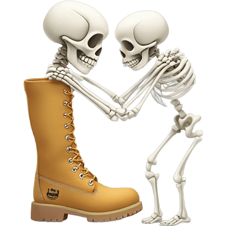 A skeleton bending down another skeleton wearing timberlands boots emoji