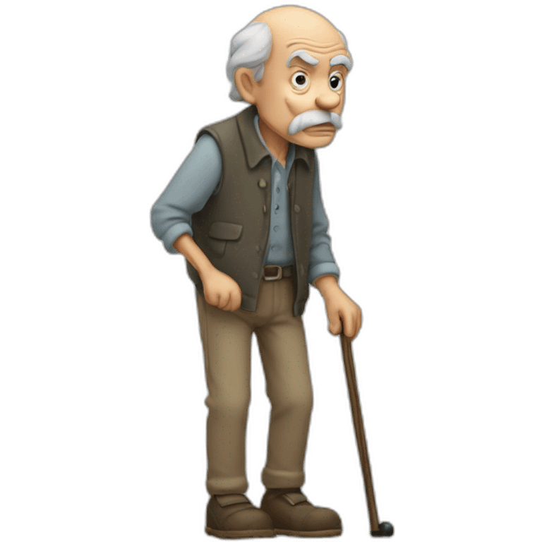 Old man leaning on a walking cane and holding his crancky back with his hand, grumpy face, detailed emoji