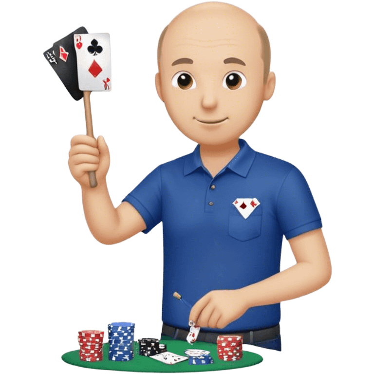 Balding guy, dark blue polo with a poker stick to pick up trash emoji