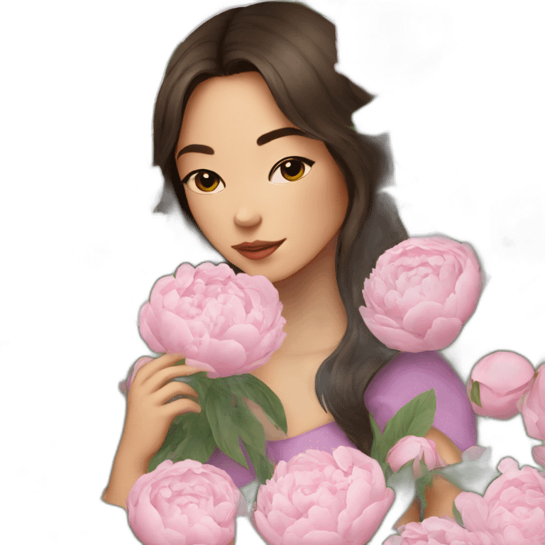 brunette girl smells flowers peonies emoji