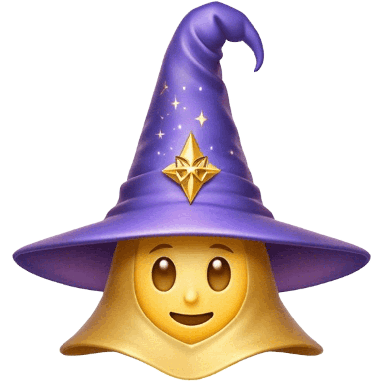 Clash of Clans aesthetic: Cinematic Playful Wizard's Hat Emoji, rendered in a 3D vector-style similar to standard emojis with minimal shading and bold, simplified shapes. A compact, isometric pointy hat with a wide brim adorned with mystical symbols and subtle enchanted shimmer, softly glowing with a magical whimsical charm. Simplified yet unmistakably iconic, highly detailed and consistent, glowing with a soft radiant glow and high shine. Stylized with a touch of classic sorcery and a soft glowing outline, capturing the essence of a legendary wizard’s hat with a friendly, playful manner! emoji