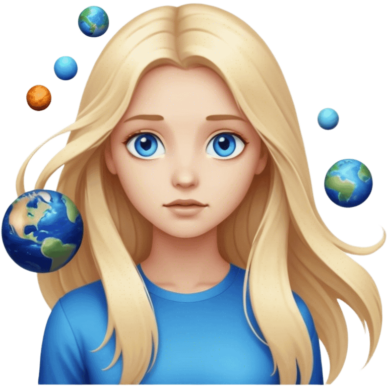 A cinematic realistic blonde with long hair and blue eyes stands and watches the planets rotate emoji